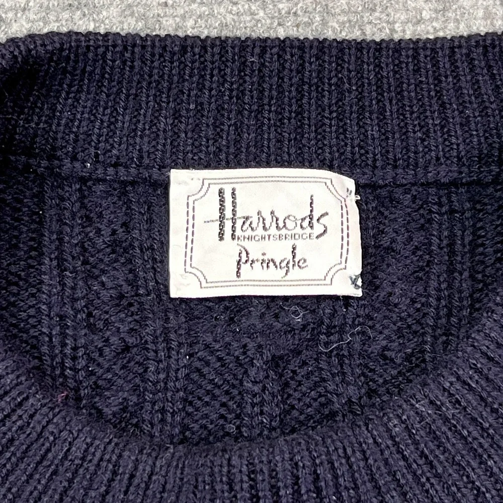 Harrods By Pringle Sweater Mens 2XL Blue 100% Lambswool Cable Knit Scotland